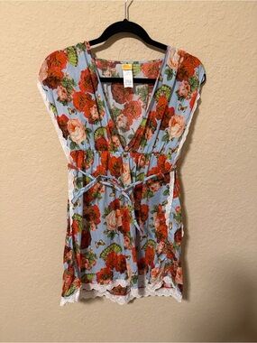 Agua Bendita Light Blue Floral Lace-Trim Tie-Waist Coverup